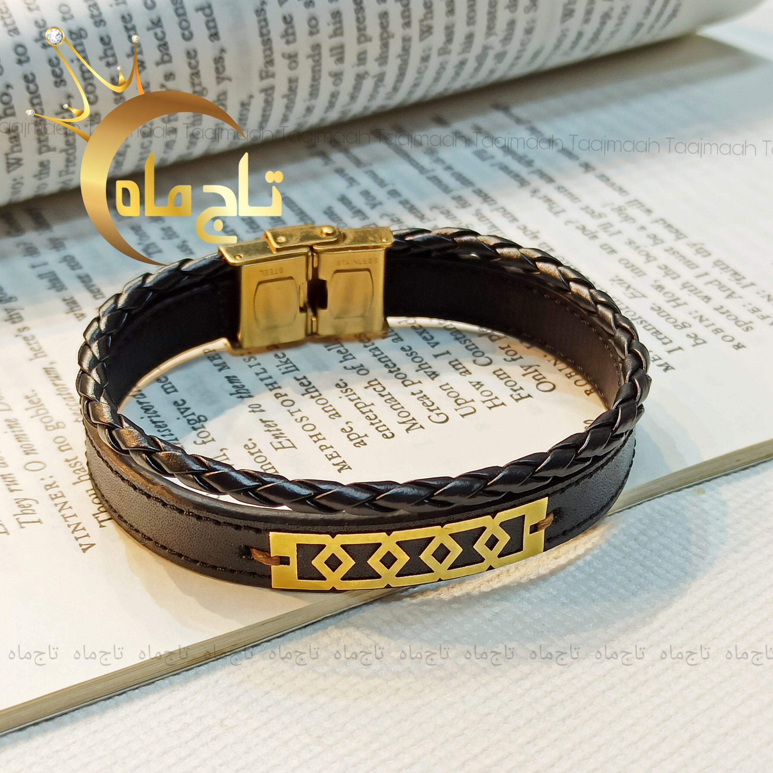 دستبند چرم بافت دار و طلا هندسی 18 عیار تاج ماه